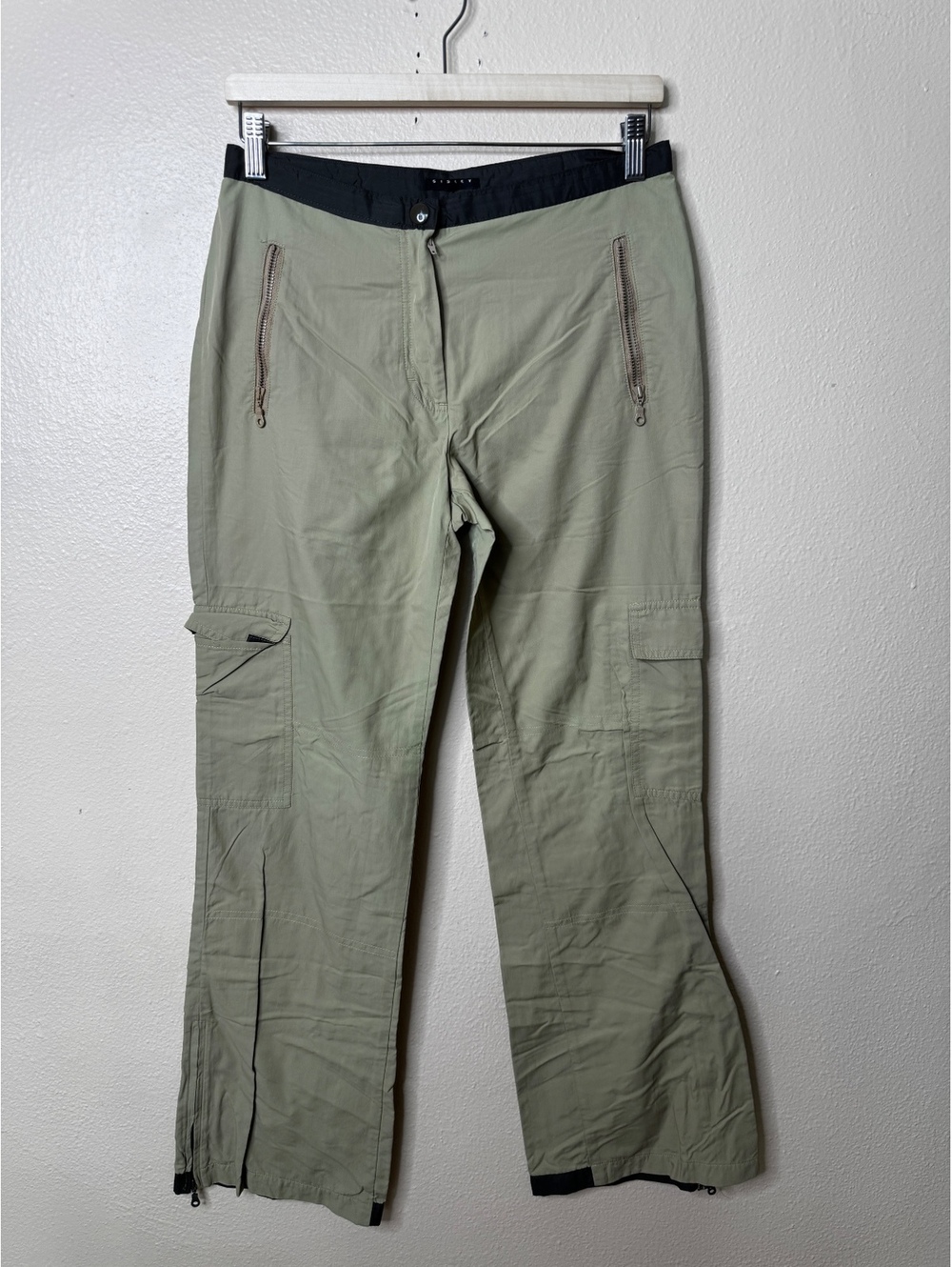 Sisley Womens IT 42 Cargo Pants Olive Green Nylon Zip Pockets Made Italy